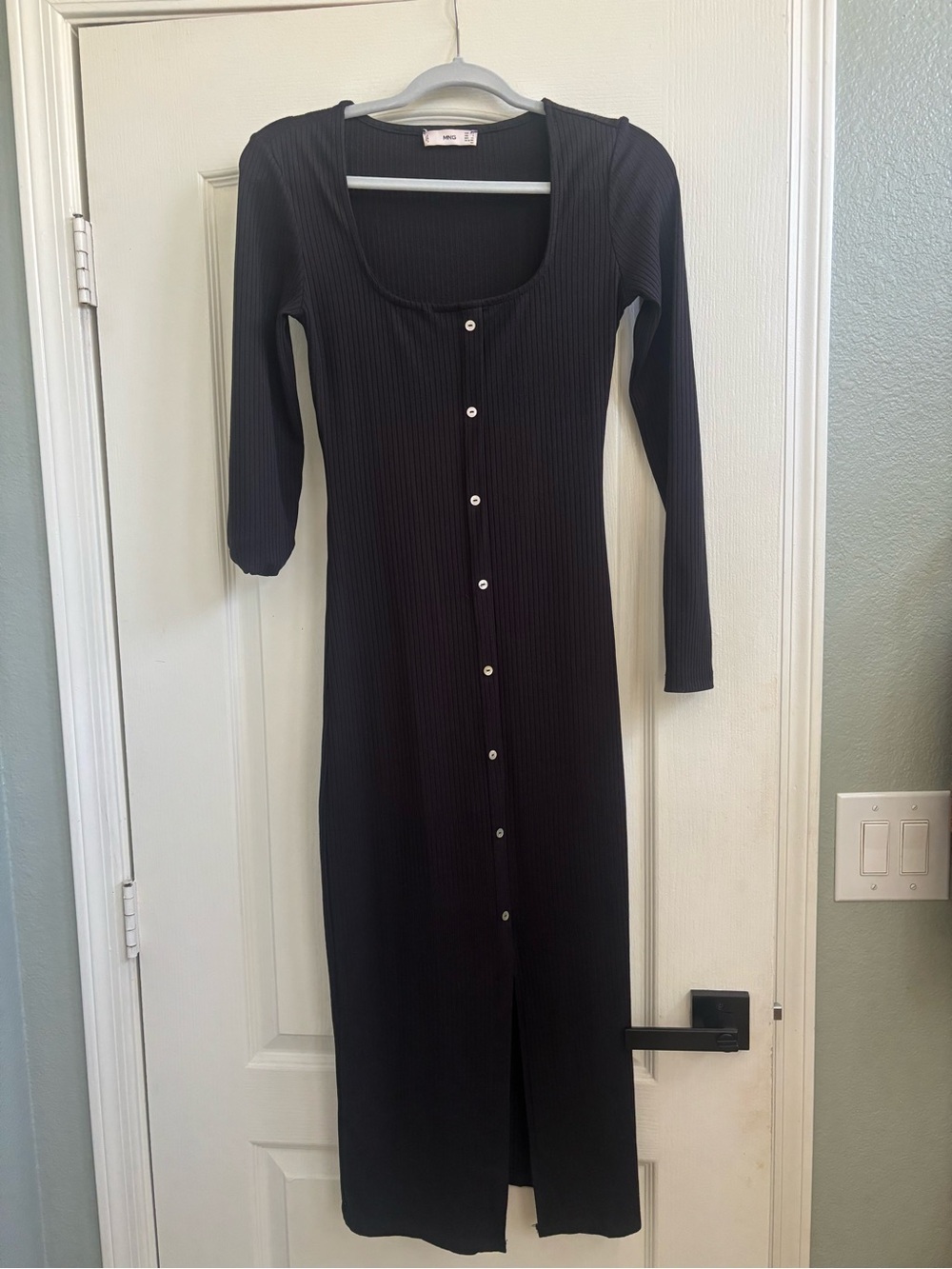 Mango Black Ribbed Long-Sleeve Button-Front Midi Dress